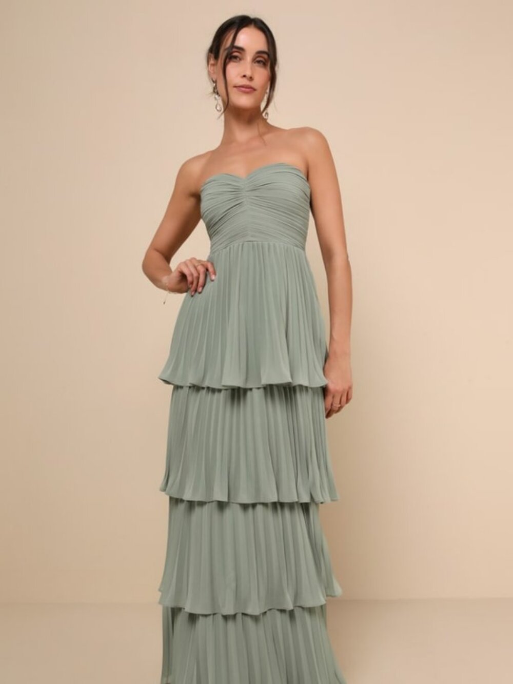 Lulus Seriously Sensational Sage Brush Strapless Tiered Maxi Dress Green